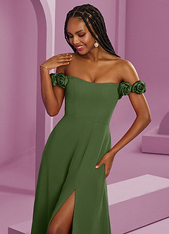 Barbie ♥ Azazie Suknie dla druhen Rozkloszowana szyfonowa sukienka z odkrytymi ramionami i kwiatowymi rozetkami image4