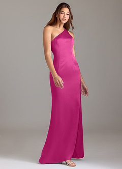 Azazie Arleth Vestidos de damas de honor Vestido de Fucsia de Satén Elástico de Corte en A con Hombro unilateral image4