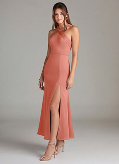 Azazie Rue Bridesmaid Dresses Salmon Pink Mermaid Pleated Stretch Satin Dress image4