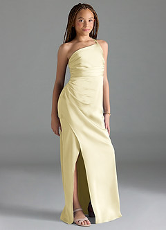 Azazie Eren Junior Lemon Sorbet Sheath Pleated Stretch Satin Dress image4