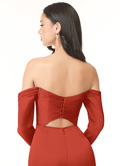 Azazie Hallie Bridesmaid Dresses Rust Sheath Off-The-Shoulder Long Sleeve Stretch Satin Convertible Dress image7