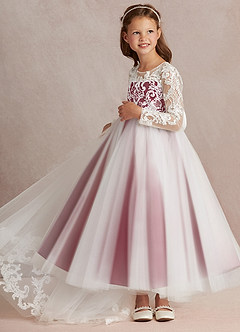 Azazie Elodie Flower Girl Dresses Ivory Burgundy Ball-Gown Lace Dress image5