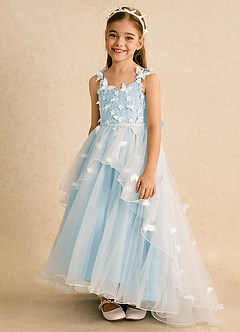 Azazie Darlina Robe Demoiselle D'honneur Fillette Robe Princesse en Tulle Dentelle Ivoire Bleu Ciel image6