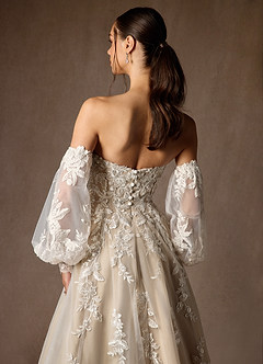 Azazie Madeleine Wedding Dresses Diamond White Nude Ball-Gown Strapless Lace Dress image8