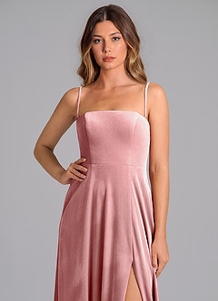 Azazie Wren Vestidos de damas de honor Vestido de Rosa Polvorienta de terciopelo de Corte en A con Sin tirantes image2