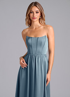 Azazie Leilana Robes de demoiselle d'honneur Robe Trapèze en Satin extensible Corset Bleu Poussiéreux image6
