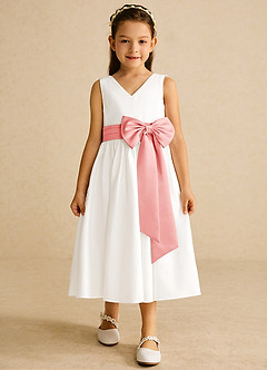 Azazie Darling Flower Girl Dresses Ivory Coral A-Line Bow Cotton Dress image4