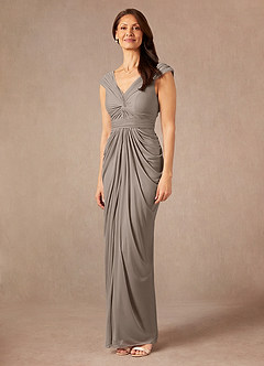Azazie Lisolette Mother of the Bride Dresses Taupe Sheath Pleated Mesh Dress image4