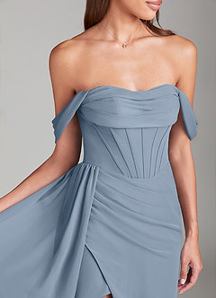Azazie Amyra Bridesmaid Dresses Dusty Blue Sheath Off the Shoulder Chiffon Convertible Dress image5