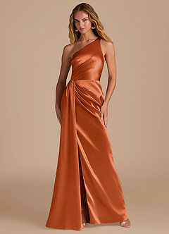 Azazie Mika Robes de demoiselle d'honneur Robe Fourreau en Satiné métallisé Ue épaule Orange Brûlée image1