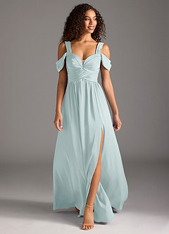 Azazie Lianne Bridesmaid Dresses Mist A-Line Off the Shoulder Stretch Satin Dress image2