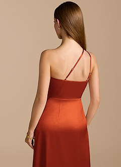 Azazie Trina Bridesmaid Dresses Paprika A-Line One Shoulder Metallic Satin Dress image2