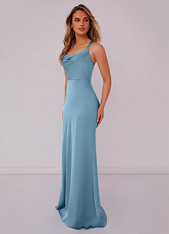 Barbie ♥ Azazie Jurken voor bruidsmeisjes Jurk van Stretch Satijn met Zeemeermin Geplooid Staal Blauw image4