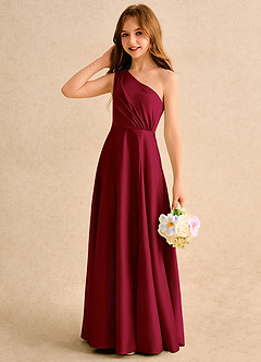 Azazie Puddles Girls Formal vestidos de niña de las flores Vestido de Borgoña de Satin Mate de Corte en A con Hombro unilateral image6