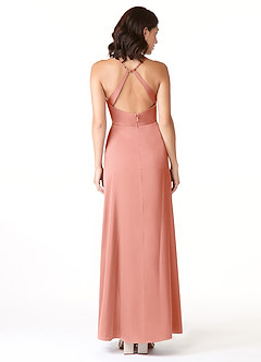 Azazie Geanna Bridesmaid Dresses Coral Sheath V-Neck Pleated Stretch Satin Dress image2