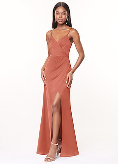 Azazie Maci Brautjungfernkleider A-Linie V-Hals Gefaltet Stretch-Satin Kleid Lachsrosa image3