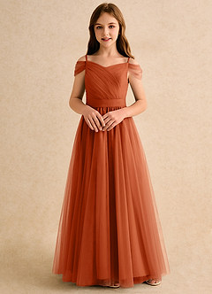 Azazie Yuna Junior Formal Flower Girl Dresses Burnt Orange A-Line Off the Shoulder Tulle Dress image4