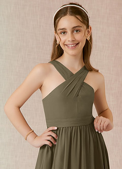Azazie Jiya Junior Abito A-Line in Chiffon Plissettato Willow Green image4