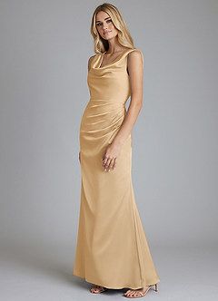 Azazie Tallie Bridesmaid Dresses Gold Mermaid Pleated Stretch Satin Dress image2