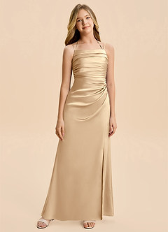 Azazie Nova Junior Champagne Sheath Pleated Stretch Satin Dress image6