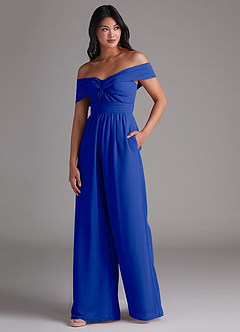 Azazie Lamara Bridesmaid Dresses Royal Blue Off the Shoulder Chiffon Convertible Jumpsuit image4