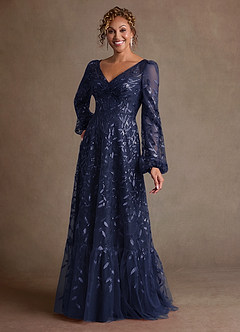 Azazie Mazie Klänningar till brudens mor Klä A-Line i Tyll Spets Mörk Marinblå image1