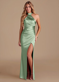 Azazie Karlotta Bridesmaid Dresses Matcha Sheath Pleated Metallic Satin Dress image1