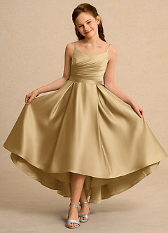 Azazie Sweets Girls Formal Flower Girl Dresses Gold A-Line Pleated Matte Satin Dress image4