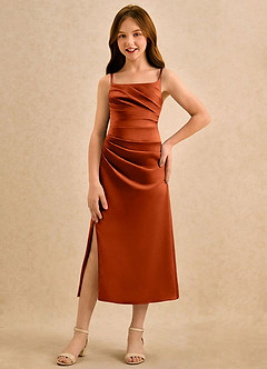 Azazie Canna Girls Formal Sukienki dla dziewczynek sypiących kwiaty Linia A Pofałdowany Satyna elastyczna Długość herbaty Sukienka image4