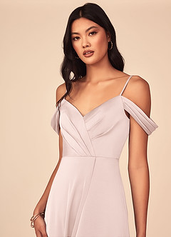Azazie Ocean Robes de demoiselle d'honneur Robe Trapèze en Satin extensible Col V plissé Rose Pâle image4