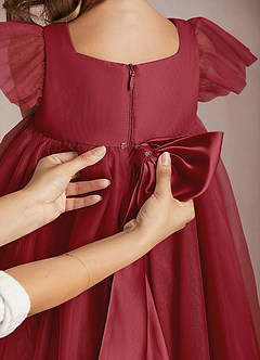 Azazie Kalio Flower Girl Dresses Pomegranate A-Line with Sleeves Tulle Dress image4