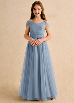 Azazie Yuna Girls Formal Abiti da Ragazza di Fiori Abito A-Line in Tulle a Spalla Scoperta Blu Polveroso image4