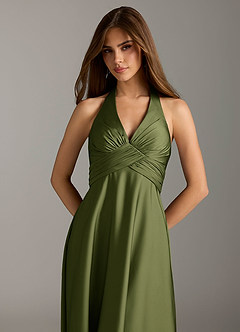 Azazie Tessie Bridesmaid Dresses Olive A-Line Pleated Stretch Satin Dress image6