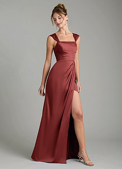 Azazie Filippa Bridesmaid Dresses Terracotta A-Line Pleated Stretch Satin Dress image5