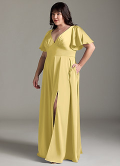 Azazie Kimber Bridesmaid Dresses Canary A-Line Ruched Stretch Satin Dress image10