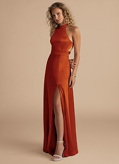 Azazie Clarice Bridesmaid Dresses Paprika A-Line High Neck Metallic Satin Dress image5