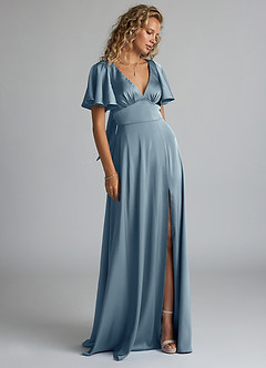 Azazie Kimber Robes de demoiselle d'honneur Robe Trapèze en Satin extensible Rayé Bleu Poussiéreux image10