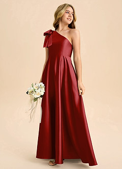 Azazie Penguin Junior Pomegranate A-Line Bow Stretch Satin Dress image6