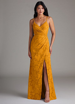 Azazie Maci Bridesmaid Dresses Butterscotch Sheath Pleated Floral Burnout Dress image4