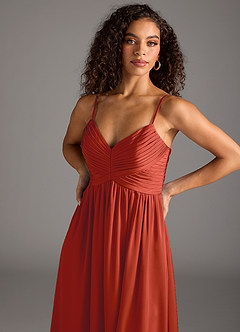 Azazie Alia Bridesmaid Dresses Rust A-Line Pleated Stretch Satin Dress image3