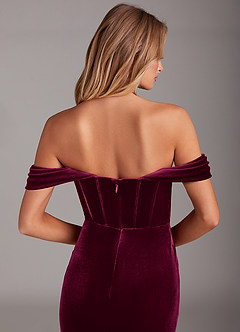 Azazie Jas At-home Try On Dresses Black Sheath Off-The-Shoulder Corset Velvet Convertible Dress image7