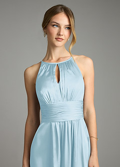 Azazie Bonnie Bridesmaid Dresses Sky Blue A-Line Pleated Stretch Satin Dress image2