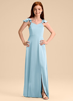 Azazie Everett Junior Vestido de Azul Cielo de Satén Elástico de Corte en A con Lazo image7