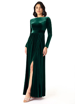 Azazie Brynn Bridesmaid Dresses Emerald A-Line Long Sleeve Velvet Dress image2
