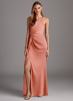Azazie Mika Bridesmaid Dresses Coral Sheath One Shoulder Stretch Satin Dress image3