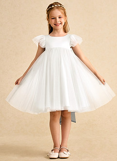 Azazie Munchkin Flower Girl Dresses Ivory Neptune A-Line Bow Tulle Dress image2