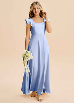Azazie Bondi Junior A라인 사이드 슬릿 스트레치 새틴 플로어 길이 주니어 신부 들러리 드레스 image4
