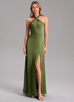 Azazie Tracie Bridesmaid Dresses Olive A-Line Side Slit Stretch Satin Dress image5