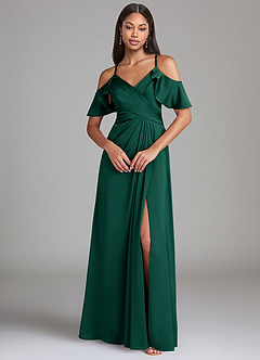 Azazie Dakota At-home Try On Dresses Emerald A-Line Off the Shoulder Stretch Satin Dress image3