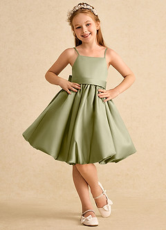 Azazie Davine vestidos de niña de las flores Vestido de Musgo Verde de Satin Mate de Corte En A con Tirante Espagueti image3